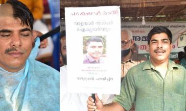 ആറുമുഖന്‍ പത്തിച്ചിറ പാതിതലമുണ്ഡനം ചെയ്തും മീശവടിച്ചും പ്രധിഷേധിച്ചു